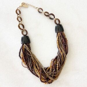 Chico’s Chunky Statement Necklace Multi Strand Brown Wood Beaded Gold Earthy